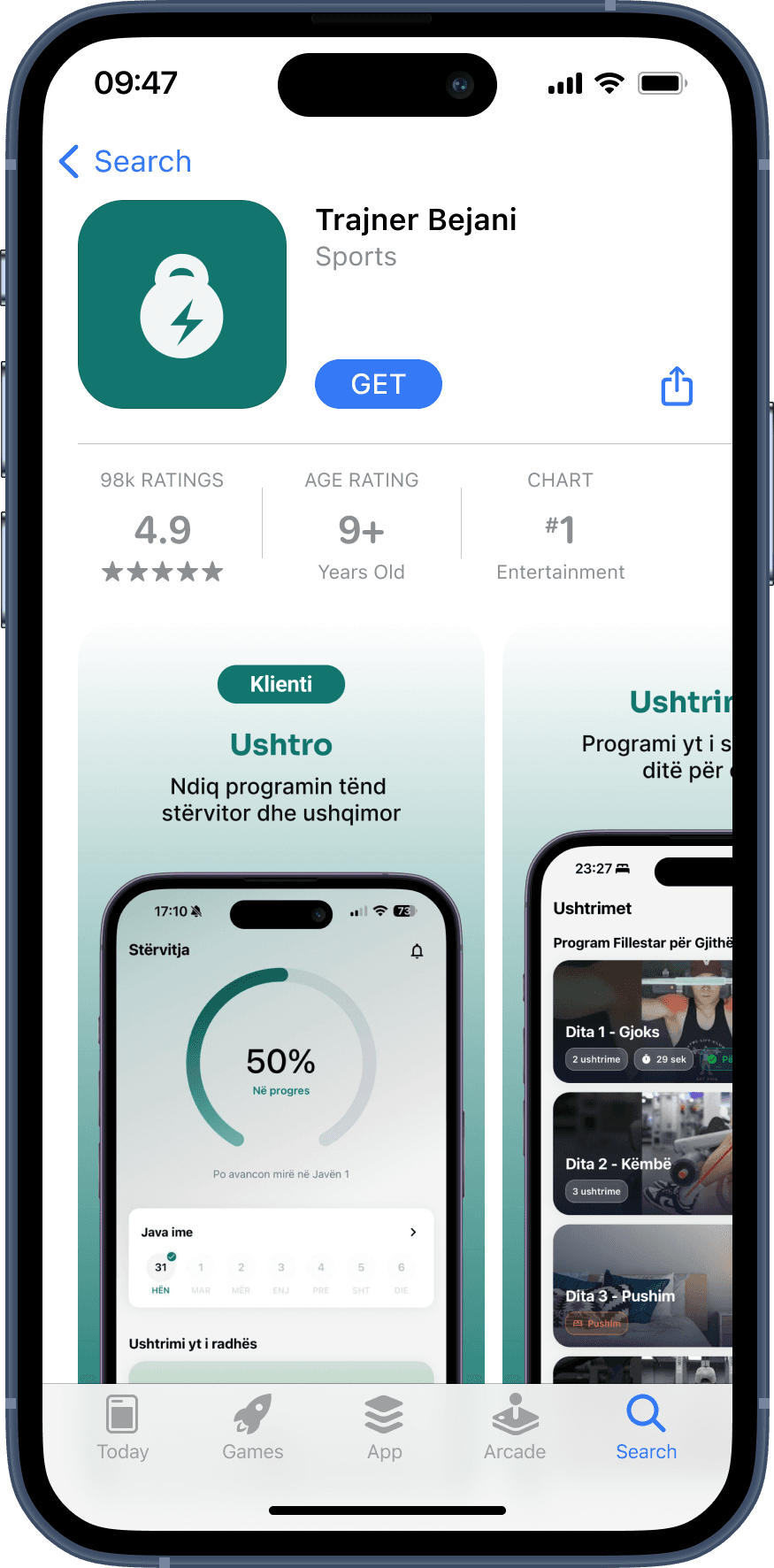 Shembull i aplikacionit me emrin e trajnerit në App Store